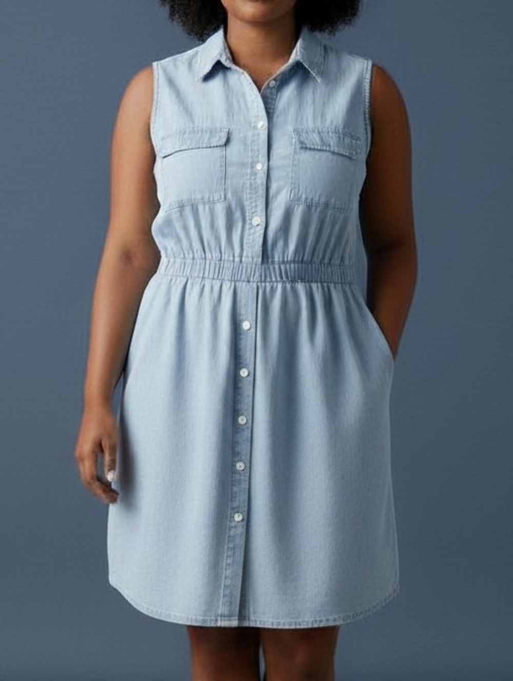 AVA &VIV Light Blue Sleeveless Button-Front Chambray Dress
